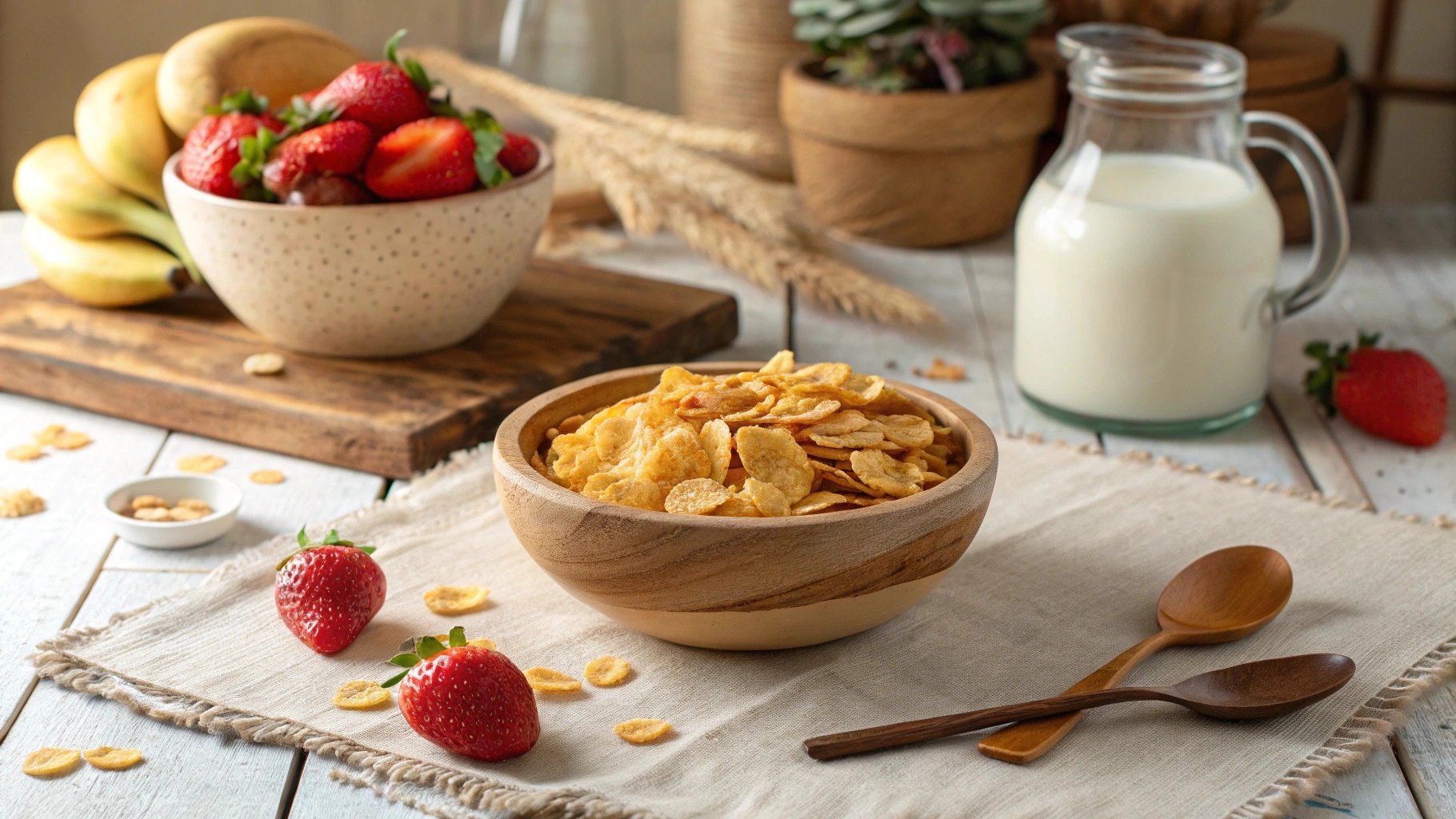 A bowl of homemade corn flakes with milk and fresh fruits