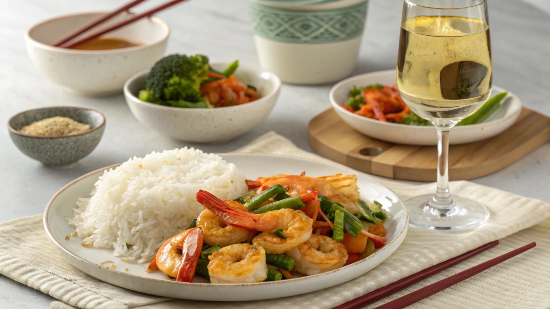 Hunan Shrimp with side dishes and wine.