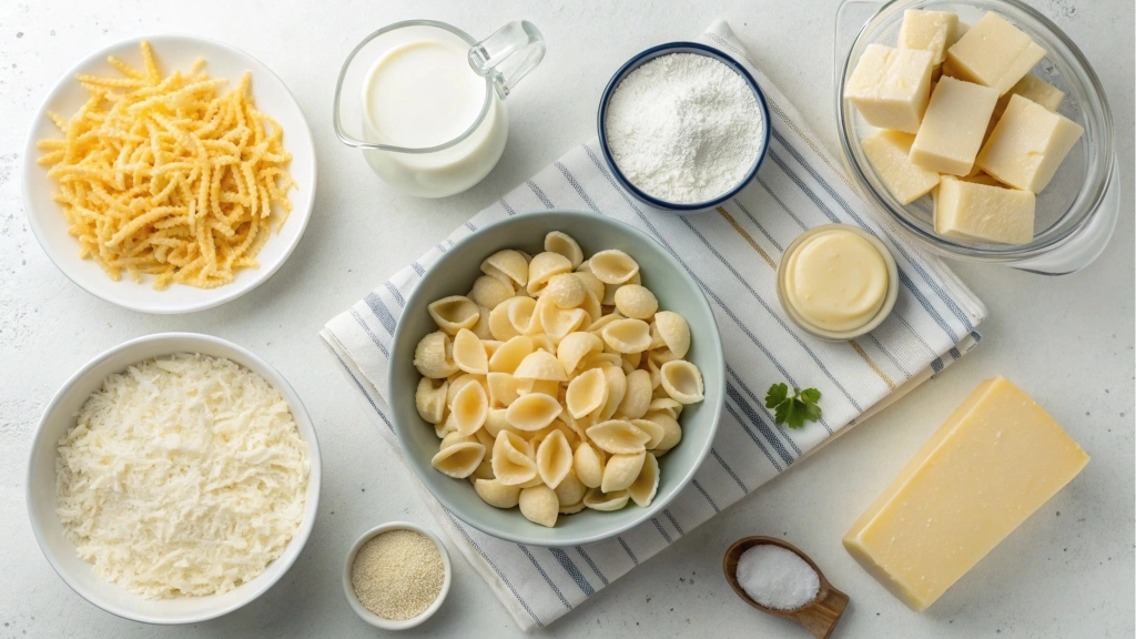 Ingredients for shells and cheese on a kitchen counter