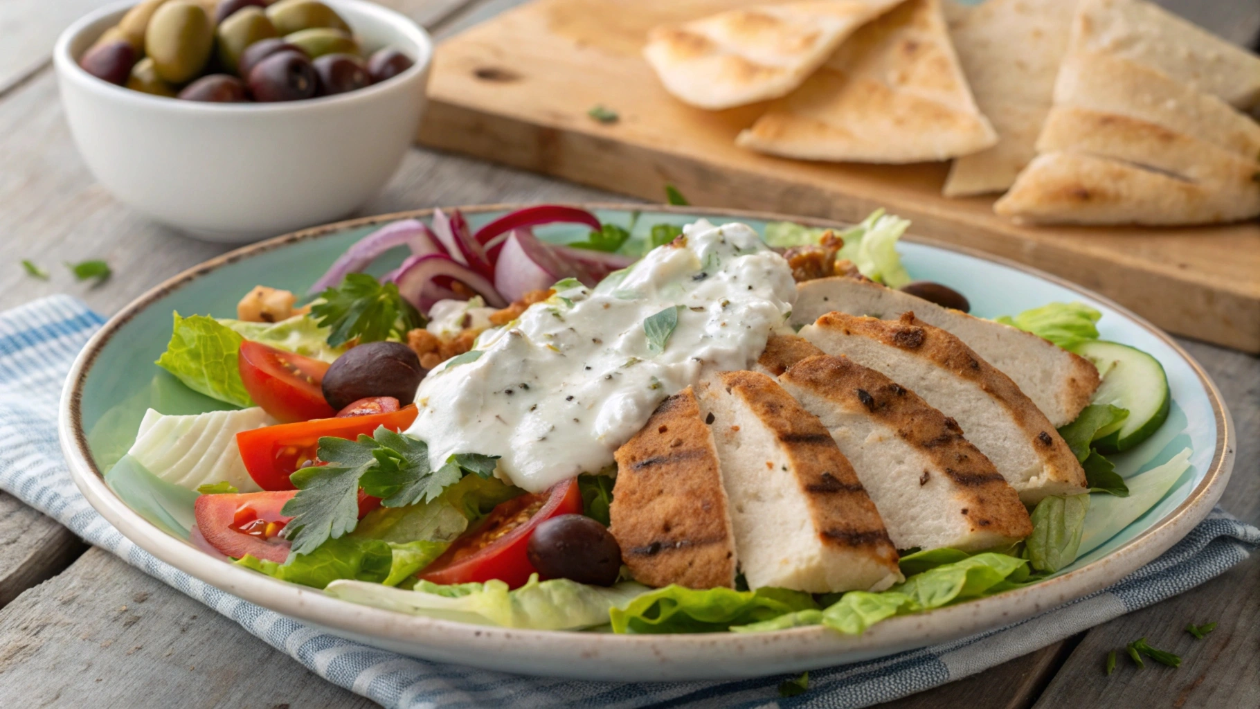 A bowl of tzatziki chicken salad with vegetables and herbs.