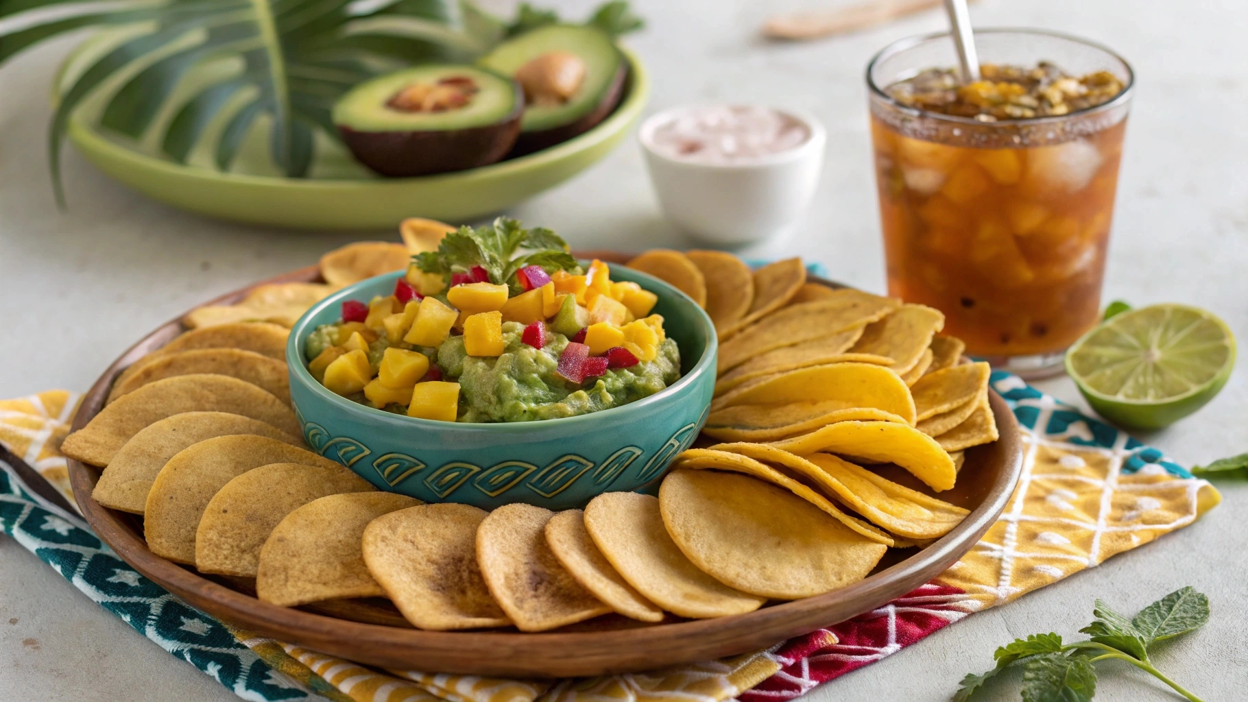 Bowl of Chifles Plantain Chips with fresh plantains and tropical leaves