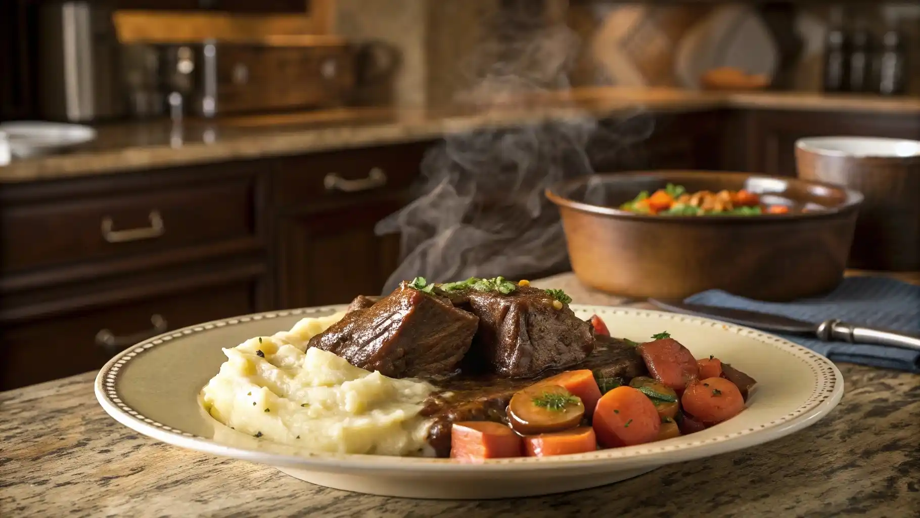 Dutch oven with braised beef simmering in red wine broth and vegetables.