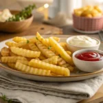 Plate of crinkle cut fries with dips on a wooden table