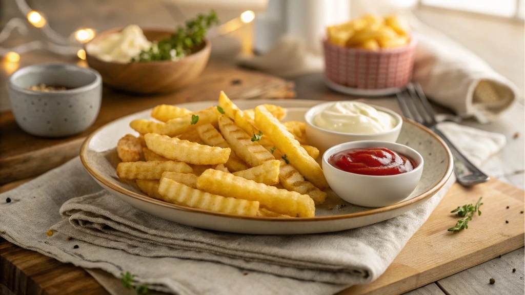 Plate of crinkle cut fries with dips on a wooden table