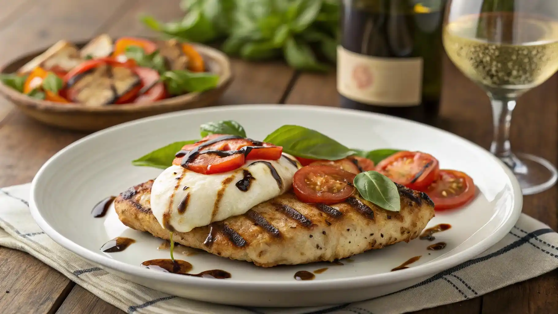 Grilled Chicken Margherita topped with mozzarella, tomatoes, and basil.