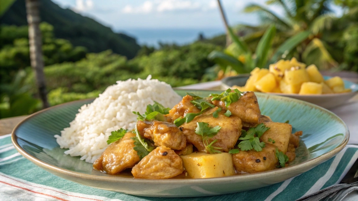 Plated pineapple chicken garnished with cilantro and served with rice