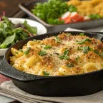 Skillet of shells and cheese topped with breadcrumbs and herbs