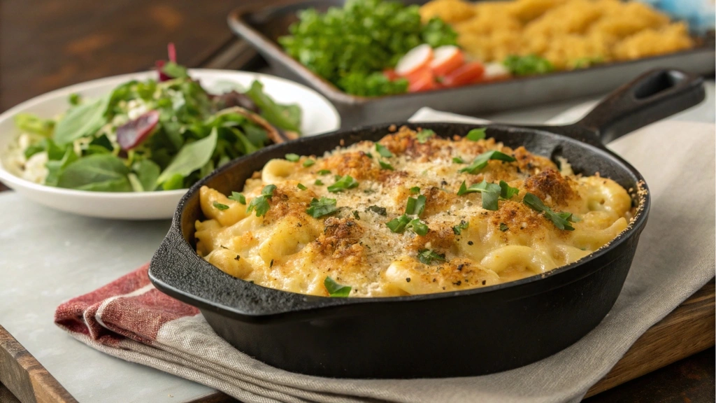 Skillet of shells and cheese topped with breadcrumbs and herbs