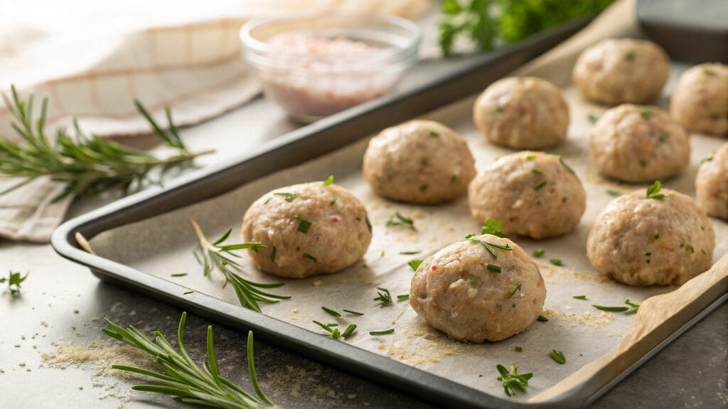 Uncooked Greek chicken meatballs on a baking tray