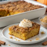 Pumpkin dump cake served with whipped cream on a plate.