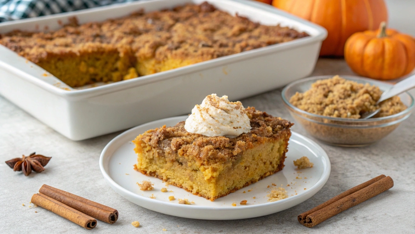 Pumpkin dump cake served with whipped cream on a plate.