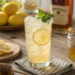 Hands pouring whiskey into a glass of lemonade with fresh lemons and sugar garnish