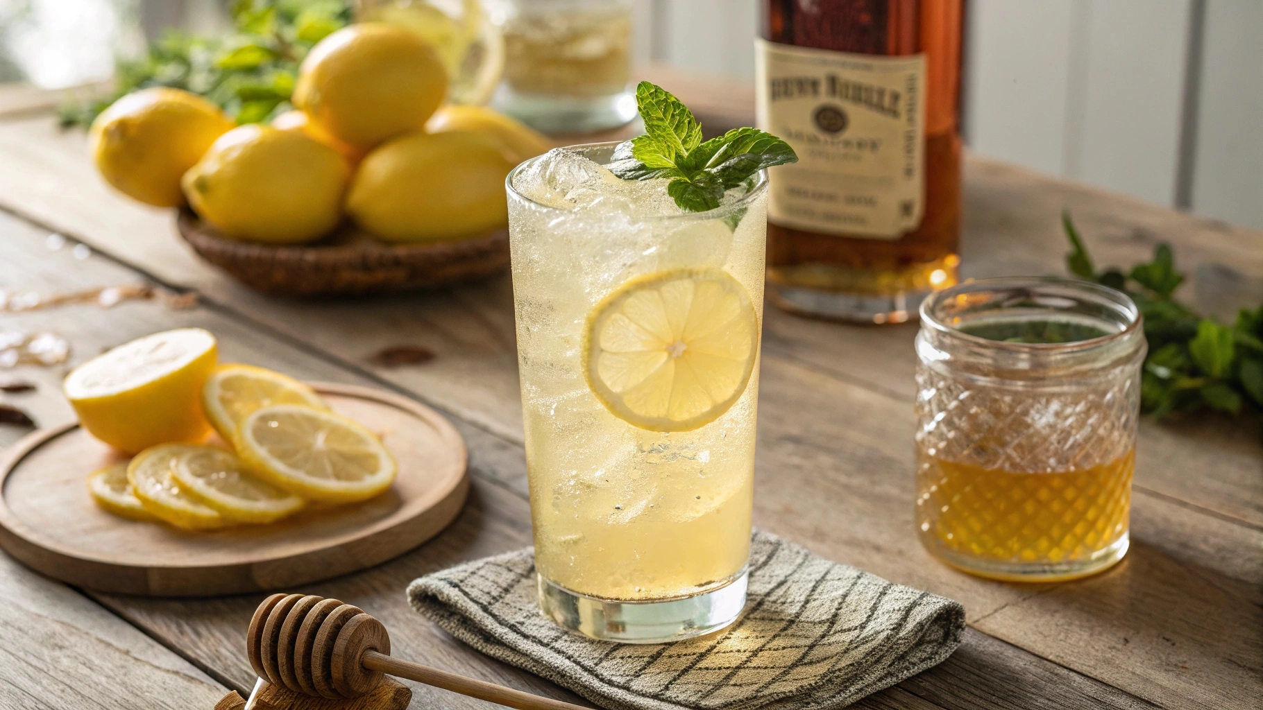 Hands pouring whiskey into a glass of lemonade with fresh lemons and sugar garnish