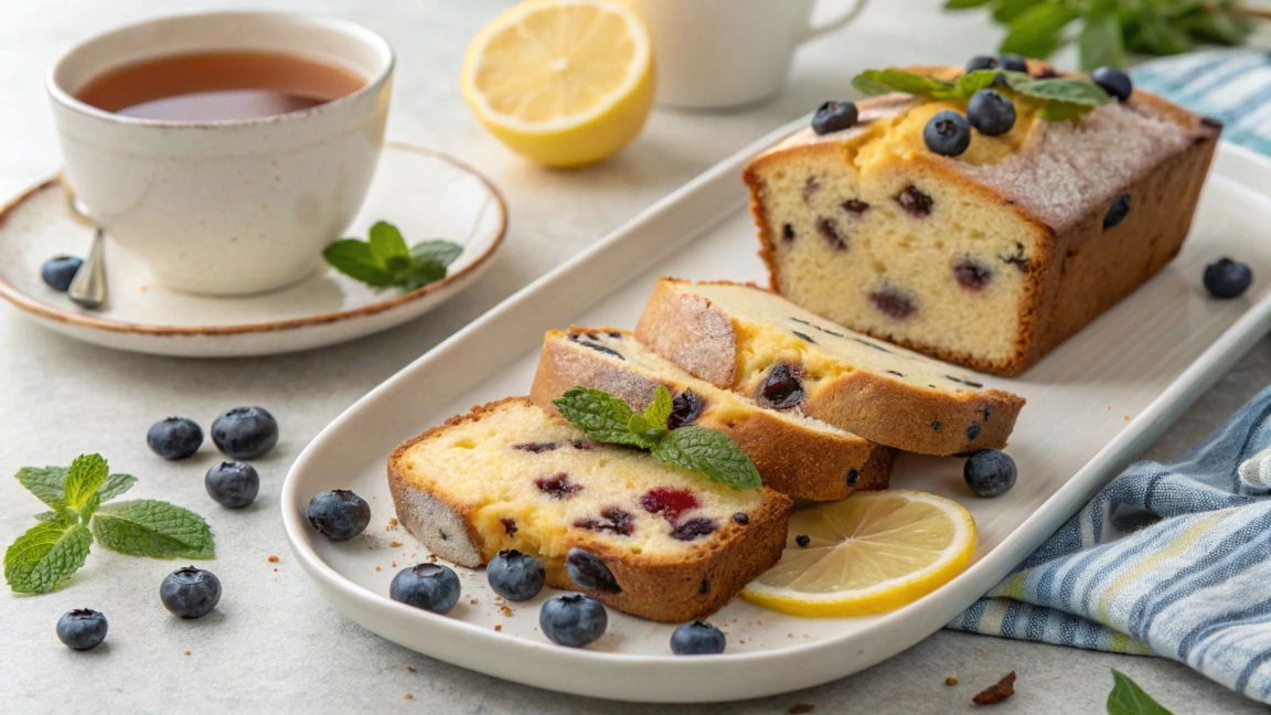 Slices of Sailor Bailey lemon blueberry bread served with fresh blueberries and lemon wedges.