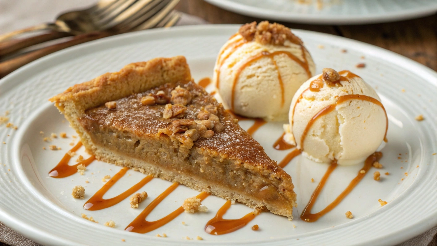 Sawdust Pie served with ice cream and caramel drizzle.