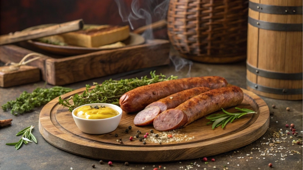 Smoked sausages on a platter with mustard and herbs.