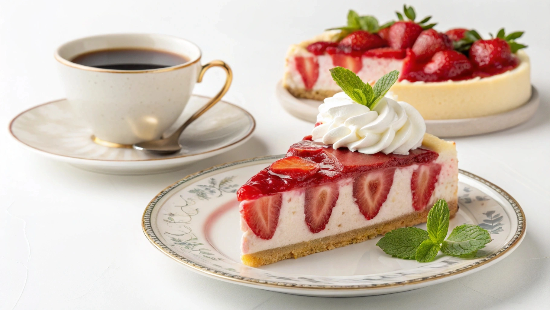 A slice of strawberry cheesecake with coffee.