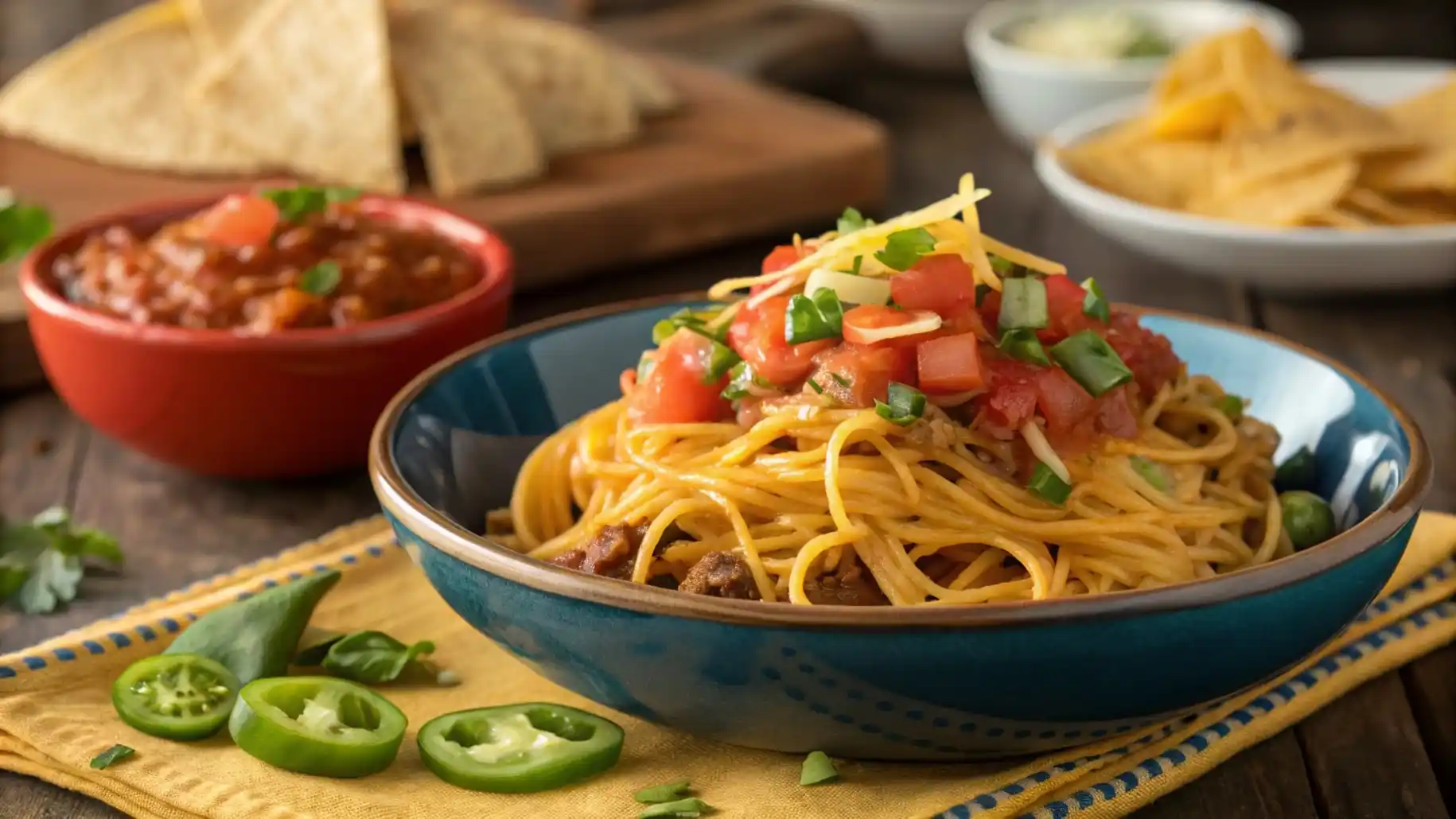 A colorful bowl of taco spaghetti topped with fresh garnishes.