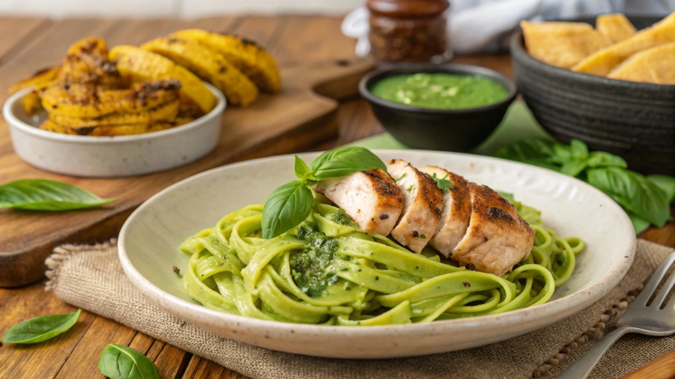 A plate of Tallarines Verdes with grilled chicken and Peruvian side dishes