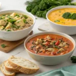 Three bowls of Panera-inspired soups with fresh herbs and bread on a kitchen counter