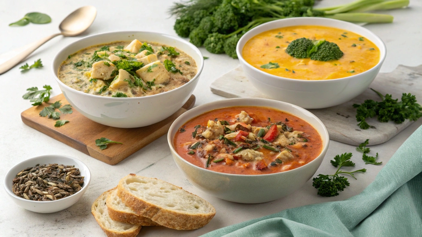 Three bowls of Panera-inspired soups with fresh herbs and bread on a kitchen counter