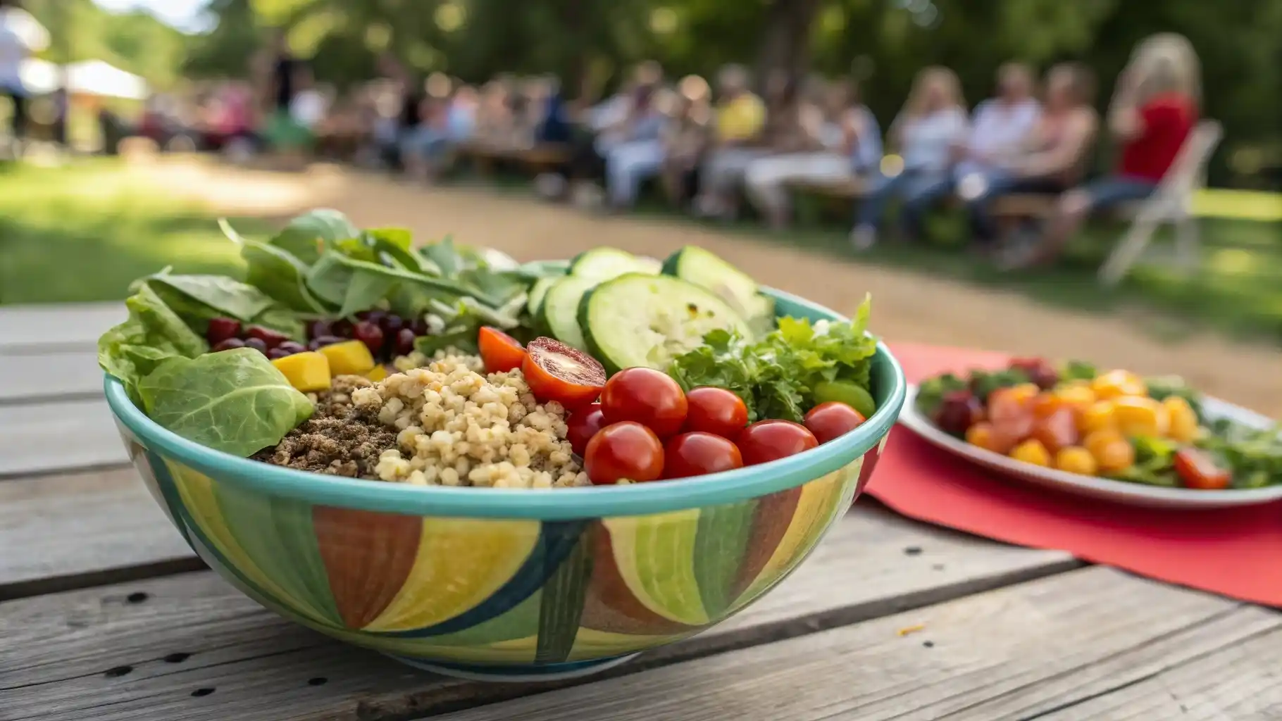 A diverse group enjoying a meal with a salad bowl centerpiece.