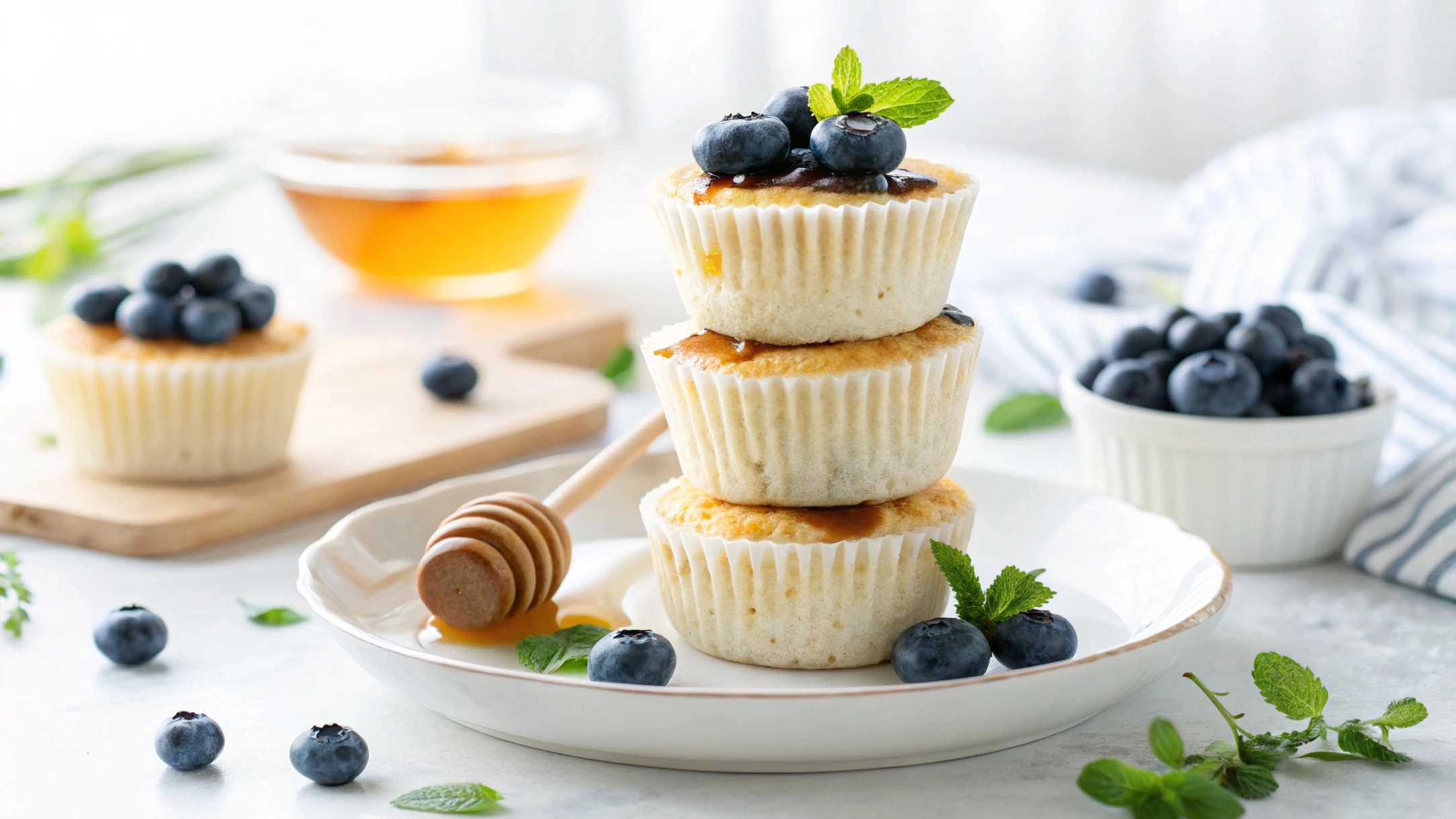 Sweet cottage cheese muffins with blueberries and honey.