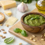 Bowl of pistachio pesto with garnishes on a marble countertop