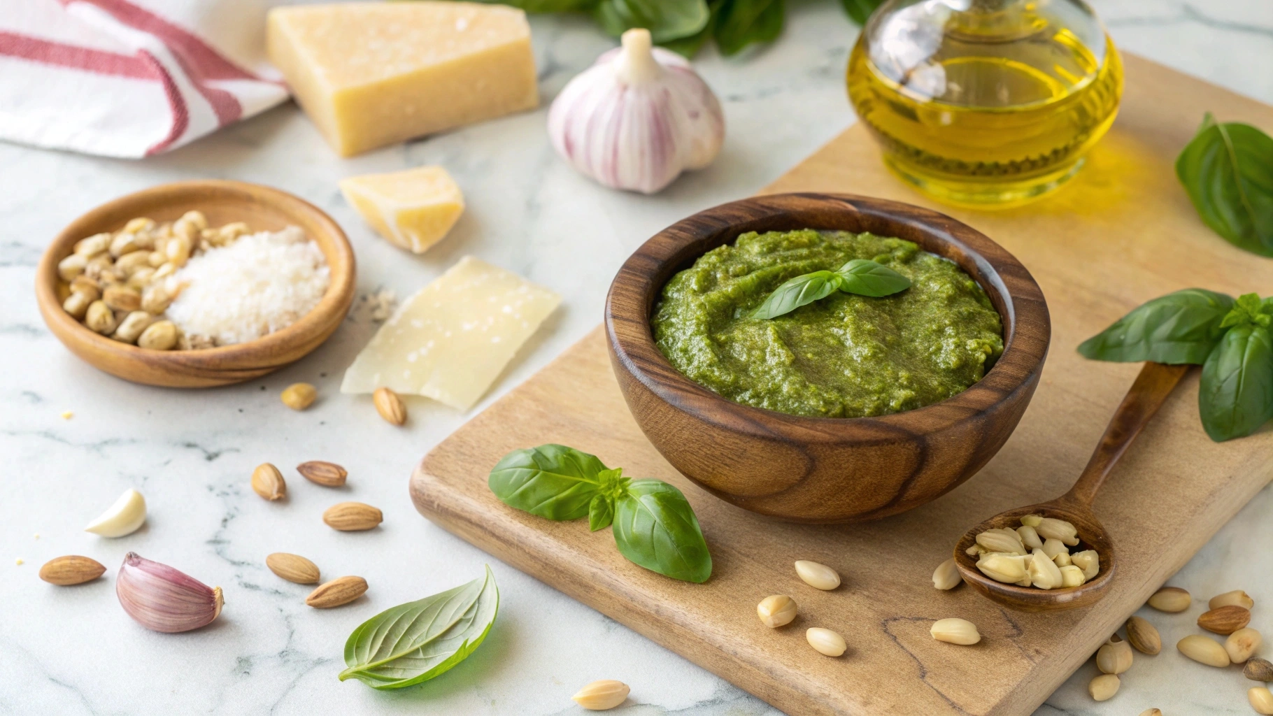 Bowl of pistachio pesto with garnishes on a marble countertop