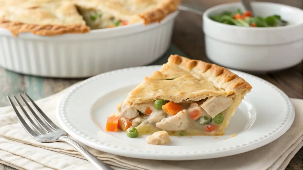 A slice of Pillsbury Chicken Pot Pie served on a plate