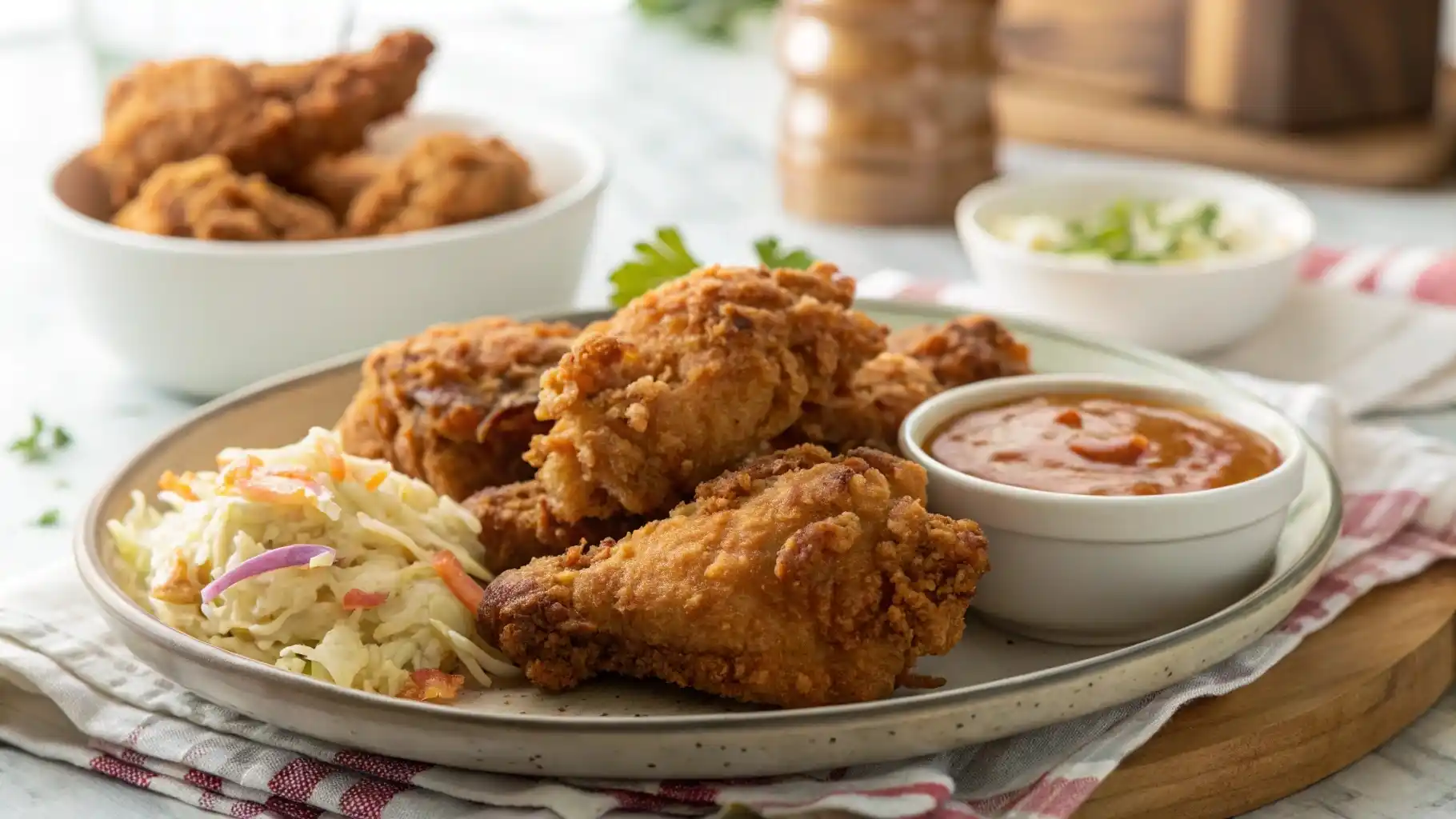 Crispy air fryer fried chicken served with coleslaw and sauce.