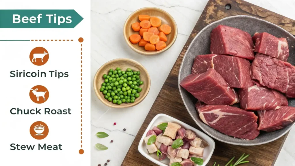 A helpful infographic comparing the best beef cuts for crockpot beef tips: sirloin tips, chuck roast, and stew meat