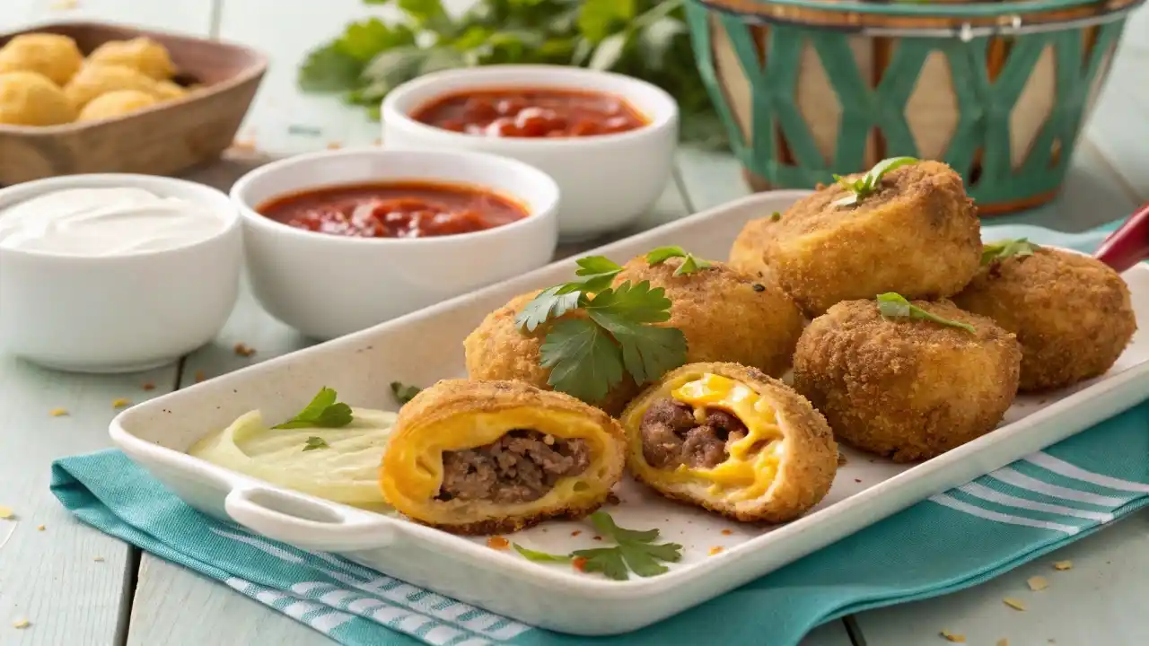 Air Fryer Cheesy Taco Bombs served with salsa and guacamole