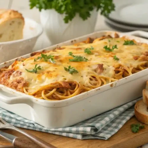 Cheesy baked chicken spaghetti casserole with garlic bread