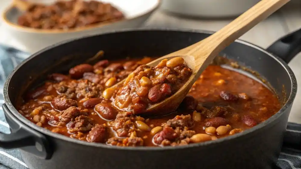 Stirring a pot of Cowboy Baked Beans on the stove.
