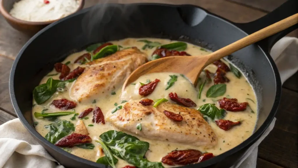 Skillet with seared chicken cooking in creamy Tuscan sauce