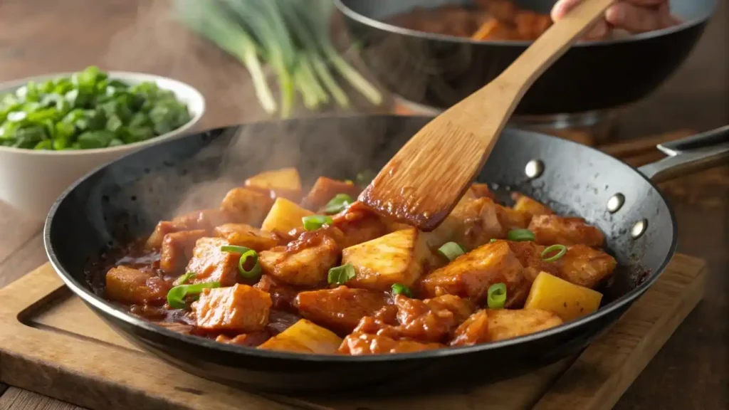 Pineapple chicken cooking in a pan with a thick, glossy sauce