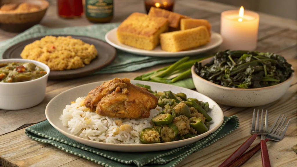 A dinner table with Smothered Chicken and Rice and side dishes.