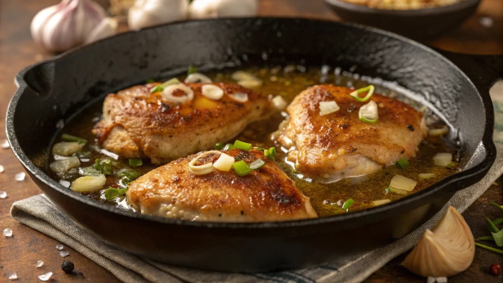 Chicken browning in a skillet with thick gravy.