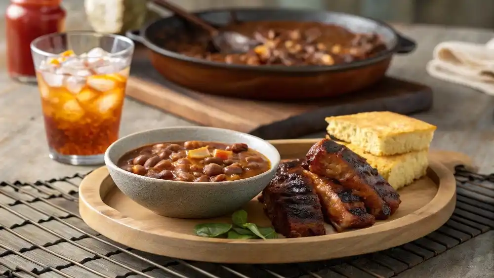 A serving of Cowboy Baked Beans with BBQ ribs and cornbread.