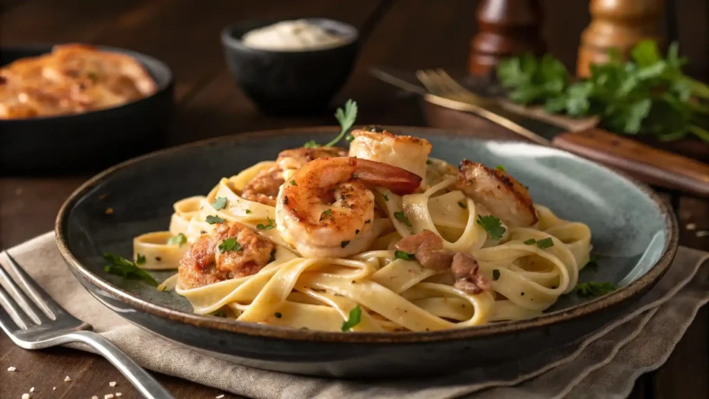 Cajun Cream Sauce pasta with grilled shrimp and parsley