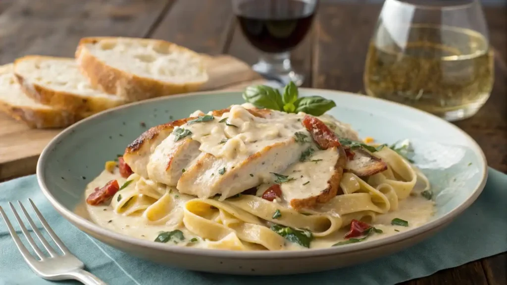 Creamy Tuscan Chicken served over fettuccine pasta