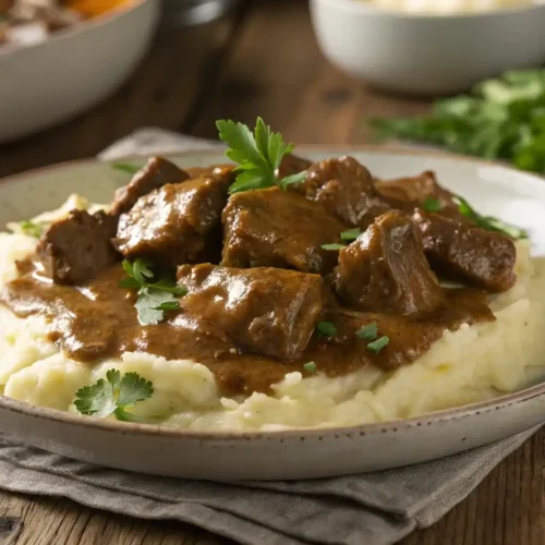 Tender crockpot beef tips in rich gravy over mashed potatoes, garnished with parsley
