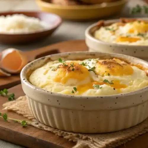 Golden, fluffy baked cottage cheese eggs garnished with herbs