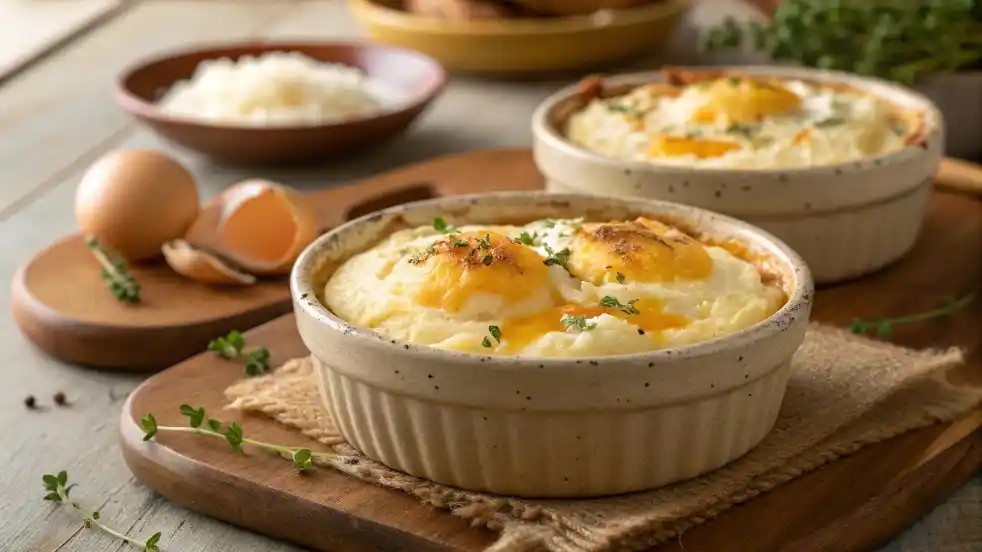 Golden, fluffy baked cottage cheese eggs garnished with herbs