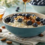 Bowl of blueberry cottage cheese with honey and almonds