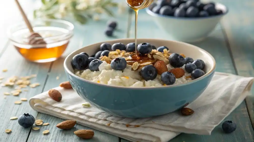 Bowl of blueberry cottage cheese with honey and almonds