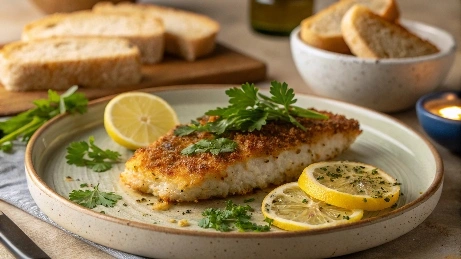 Corbina roe served on a wooden plate with lemon and herbs