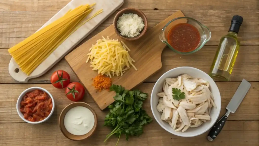 Essential ingredients for making a creamy chicken spaghetti recipe