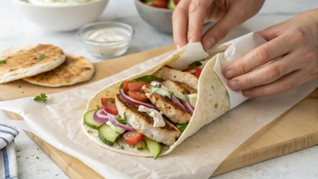 Assembling a Greek Chicken Gyros Wrap